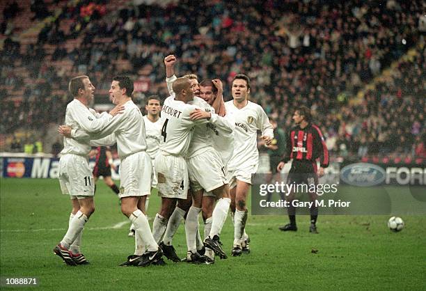 Leeds United celebrate taking the lead during the UEFA Champions League match against AC Milan played at the San Siro, in Milan, Italy. The match...