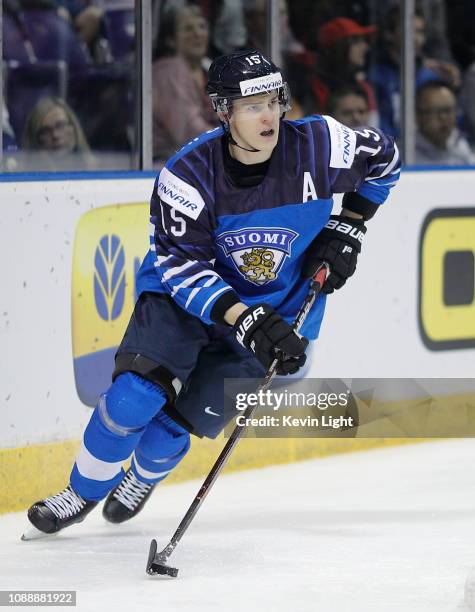 Henri Jokiharju of Finland versus the United States at the IIHF World Junior Championships at the Save-on-Foods Memorial Centre on December 31, 2018...