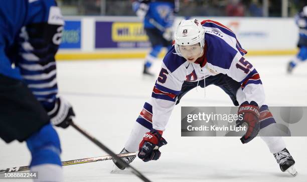 Jason Robertson of the United States versus Finland at the IIHF World Junior Championships at the Save-on-Foods Memorial Centre on December 31, 2018...
