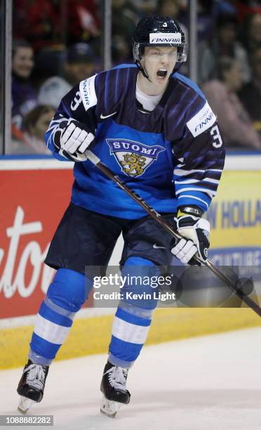 Toni Utunen of Finland versus the United States at the IIHF World Junior Championships at the Save-on-Foods Memorial Centre on December 31, 2018 in...