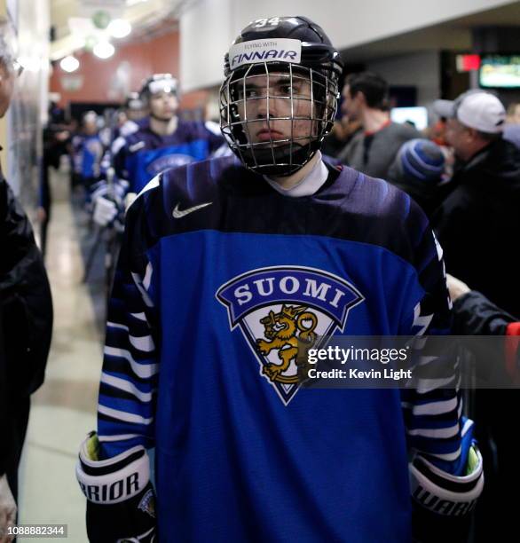 Ville Heinola of Finland walk to the ice prior to a game versus the United States at the IIHF World Junior Championships at the Save-on-Foods...