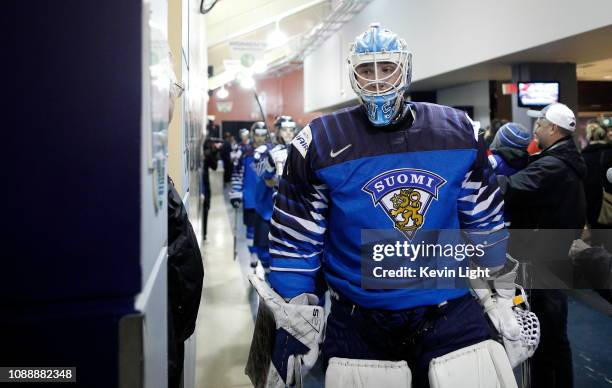 Ukko-Pekka Luukkonen of Finland walks to the ice prior to a game versus the United States at the IIHF World Junior Championships at the Save-on-Foods...