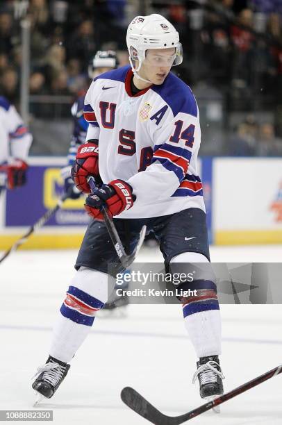 Josh Norris of the United States versus Finland at the IIHF World Junior Championships at the Save-on-Foods Memorial Centre on December 31, 2018 in...