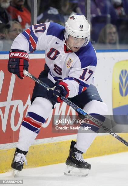 Evan Barratt of the United States versus Finland at the IIHF World Junior Championships at the Save-on-Foods Memorial Centre on December 31, 2018 in...