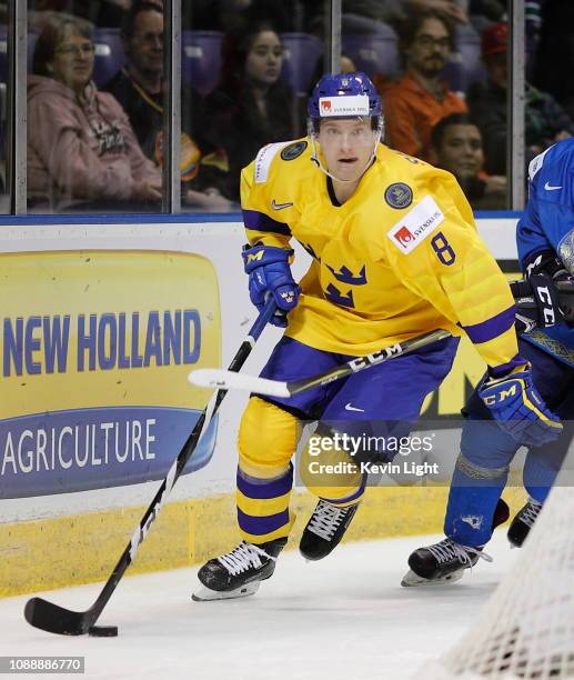 Rasmus Sandin of Sweden versus Kazakhstan at the IIHF World Junior Championships at the Save-on-Foods Memorial Centre on December 31, 2018 in...