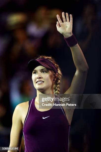 Eugenie Bouchard of Canada celebrates after winning her second round match against Bibiane Schoofs of Netherlands on January 02, 2019 in Auckland,...