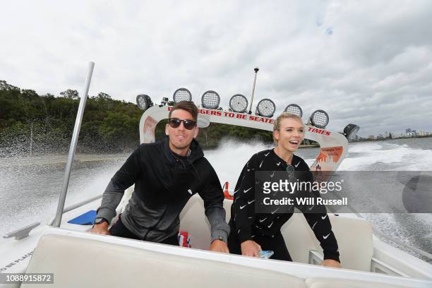 Cameron Norrie and Katie Boulter of Great Britain enjoy the ride on a boat trip on the Swan River during day five of the 2019 Hopman Cup on January...
