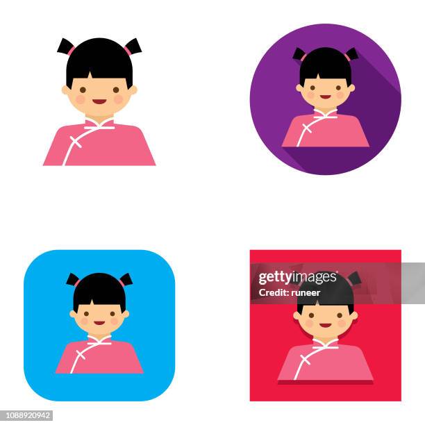 flat chinese new year kid avatar icons | kalaful series - cheongsam stock illustrations