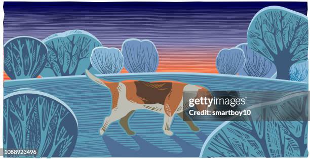 countryside scene with beagle - beagle stock illustrations