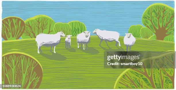 鄉村場景與羊 - 樹籬 幅插畫檔、美工圖案、卡通及圖標