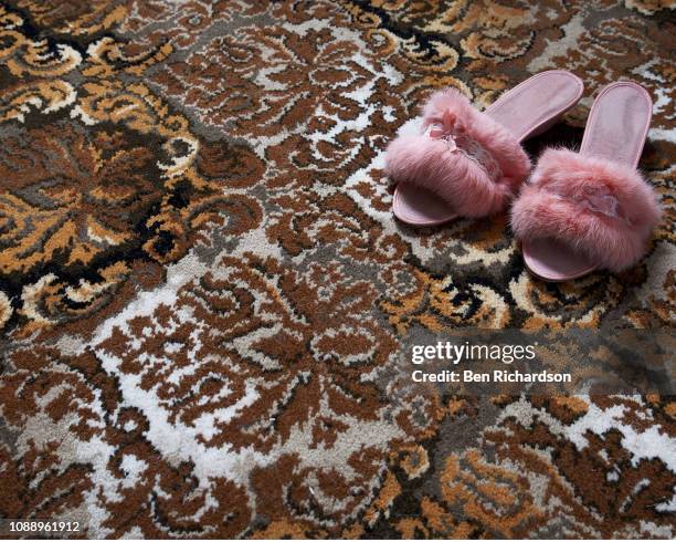 fluffy slippers on a carpet - kitsch imagens e fotografias de stock