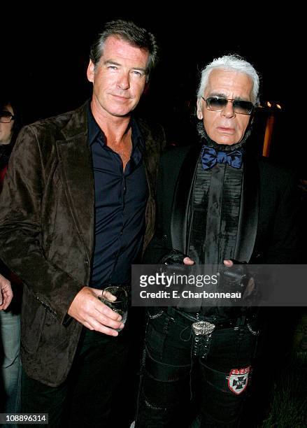 Pierce Brosnan and Karl Lagerfeld during Dom Perignon, Karl Lagerfeld and Eva Herzigova Host an International Launch Event to Unveil the New Image of...