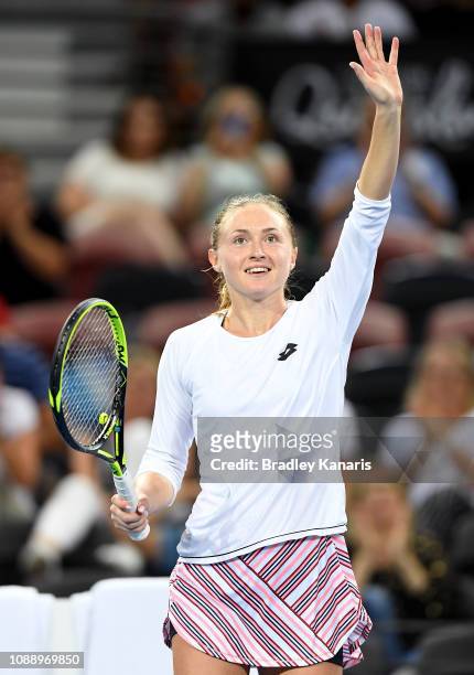 Aliaksandra Sasnovich of Bulgaria celebrates victory after defeating Elina Svitolina of Ukraine during day four of the 2019 Brisbane International at...