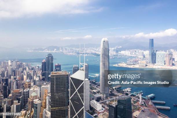 aerial view of hong kong financial district - hong kong imagens e fotografias de stock