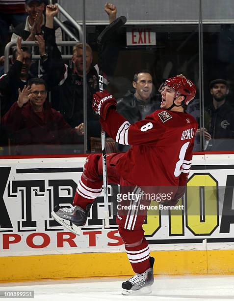 Scottie Upshall of the Phoenix Coyotes scores a second period goal against the Colorado Avalanche at the Jobing.com Arena on February 7, 2011 in...