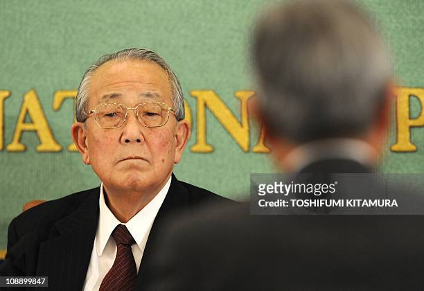 Japan Arilines CEO Kazuo Inamori answers a question during his press conference at the Japan National Press Club in Tokyo, on February 8, 2011....
