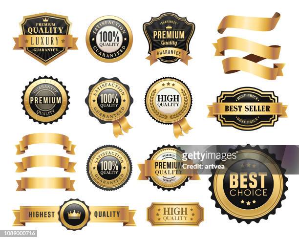 gold badges and ribbons set - badge stock illustrations