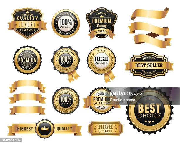 gold badges and ribbons set - championship ribbon stock illustrations