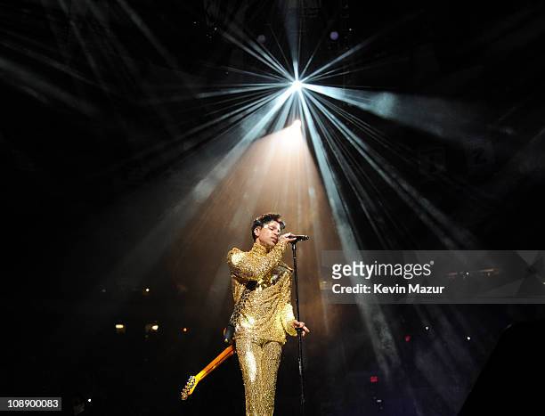 Prince performs during his "Welcome 2 America" tour at Madison Square Garden on February 7, 2011 in New York City.