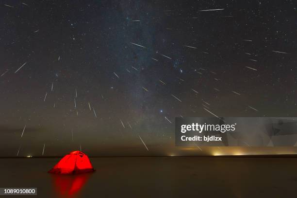 gemini meteor shower 2018 over lake in erenhot, inner mongolia, china - orion nebula stock pictures, royalty-free photos & images