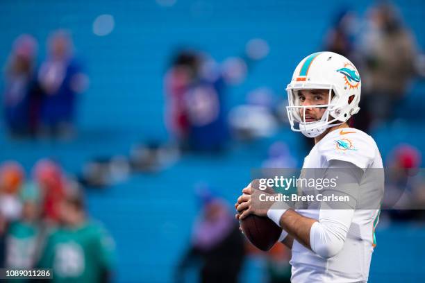 Brock Osweiler of the Miami Dolphins warms up before the game against the Buffalo Bills at New Era Field on December 30, 2018 in Orchard Park, New...