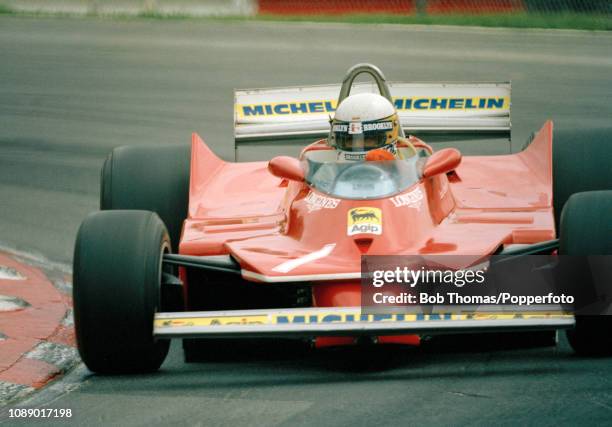 Jody Scheckter of South Africa driving the Ferrari 312T4 during the British Grand Prix at the Brands Hatch circuit in Fawkham, England on July 13,...