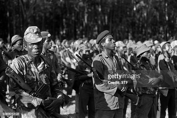 Fighters parade in the military training camp of Capolo, south of Silva Porto in January 1976. After independence, Angola was the scene of an intense...