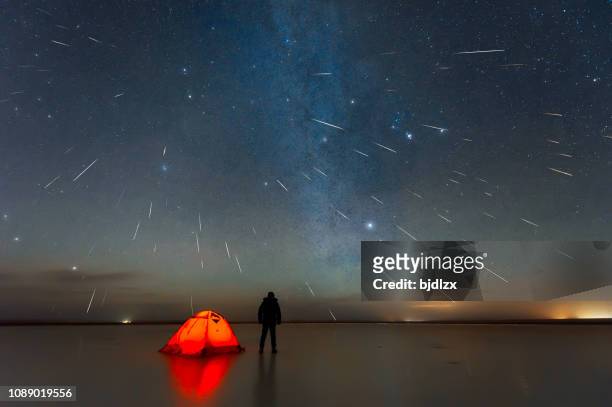 gemini meteor shower 2018 over lake in erenhot, inner mongolia, china - shooting star stock pictures, royalty-free photos & images
