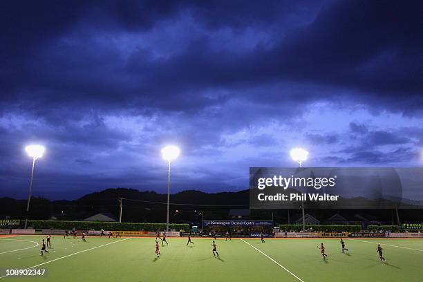 General view as night falls during the Men's match between the New Zealand Blacksticks and Belguim at the Rosvall ITM Hockey Stadium on February 8,...