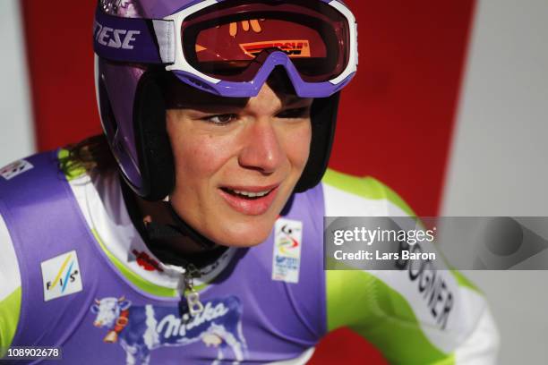 Maria Riesch of Germany reacts in the finish area after competing in the Women's Super G during the Alpine FIS Ski World Championships on the...