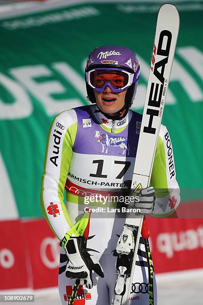 Maria Riesch of Germany reacts in the finish area after competing in the Women's Super G during the Alpine FIS Ski World Championships on the...