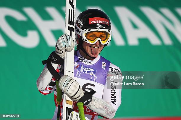 Elisabeth Goergl of Austria reacts in the finish area after competing in the Women's Super G during the Alpine FIS Ski World Championships on the...