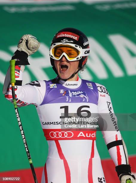 Elisabeth Goergl of Austria reacts in the finish area after competing in the Women's Super G during the Alpine FIS Ski World Championships on the...