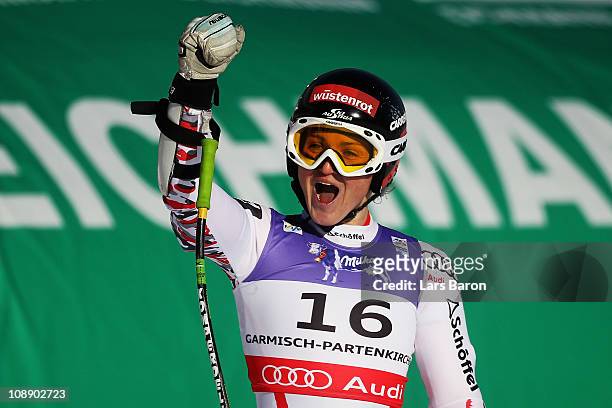 Elisabeth Goergl of Austria reacts in the finish area after competing in the Women's Super G during the Alpine FIS Ski World Championships on the...