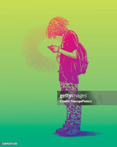 hipster boy using phone and listing to music - bad hair day stock illustrations