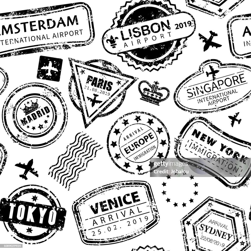 Seamless Background with International Travel Grunged Stamps