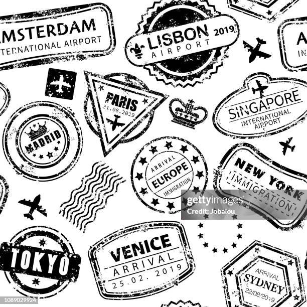 seamless background with international travel grunged stamps - postage stamp stock illustrations