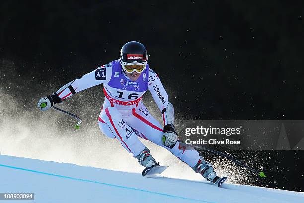 Elisabeth Goergl of Austria competes in the Women's Super G during the Alpine FIS Ski World Championships on the Kandahar course on February 8, 2011...