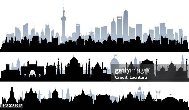 shanghai, delhi and bangkok (all buildings are complete and moveable) - india cityscape stock illustrations