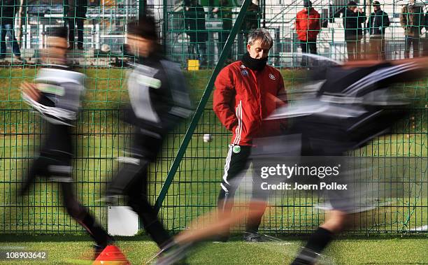 Head coach Pierre Littbarski is seen during the training session of VfL Wolfsburg on February 8, 2011 in Wolfsburg, Germany.