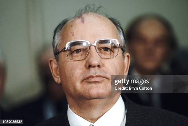 Mikhail Gorbachev, Russian Politburo member and second in line at the Kremlin, announces the death of Soviet Defence Minister Marshal Dmitri Ustinov,...