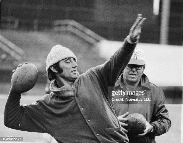 Joe Namath gets set to throw a long bomb during Jets workout at Shea Stadium in Flushing, New York on November 16, 1971.