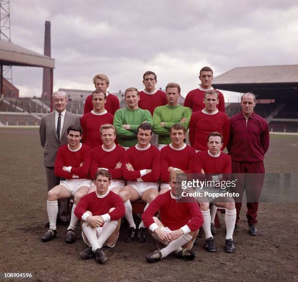 Manchester United at Old Trafford, Manchester prior to the FA Cup Final, April 1963. Back row, left to right: Denis Law, Shay Brennan and Bill...