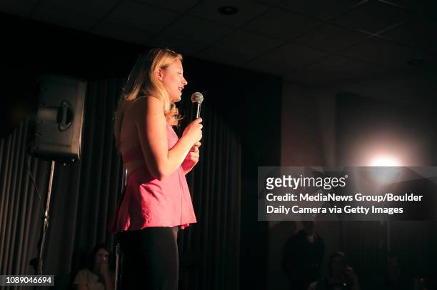 University of Colorado freshman Kelly MacLean of Boulder, jokes about sorority girls as part of her act during a comedy performance at the University...