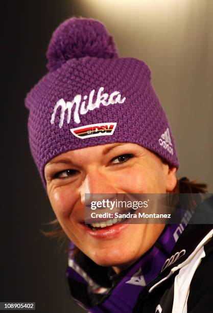 Maria Riesch of Germany smiles during a press conference after taking 3rd place in the Women's Super G during the Alpine FIS Ski World Championships...