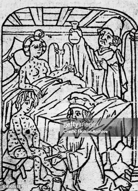 Physicians treating a man and a woman suffering with syphilis, circa 1450.