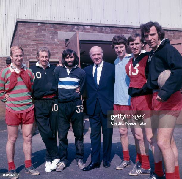 Left to right - Bobby Charlton, Denis Law, George Best, Sir Matt Busby, Brian Kidd, Pat Crerand and David Sadler at Manchester United's Cliff...