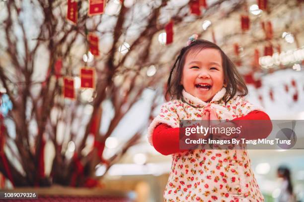 lovely toddler girl with kung hei fat choi hand gesture for chinese new year smiling joyfully at the camera in front of a peach blossom tree during chinese new year - chinese new year 2019 stock pictures, royalty-free photos & images