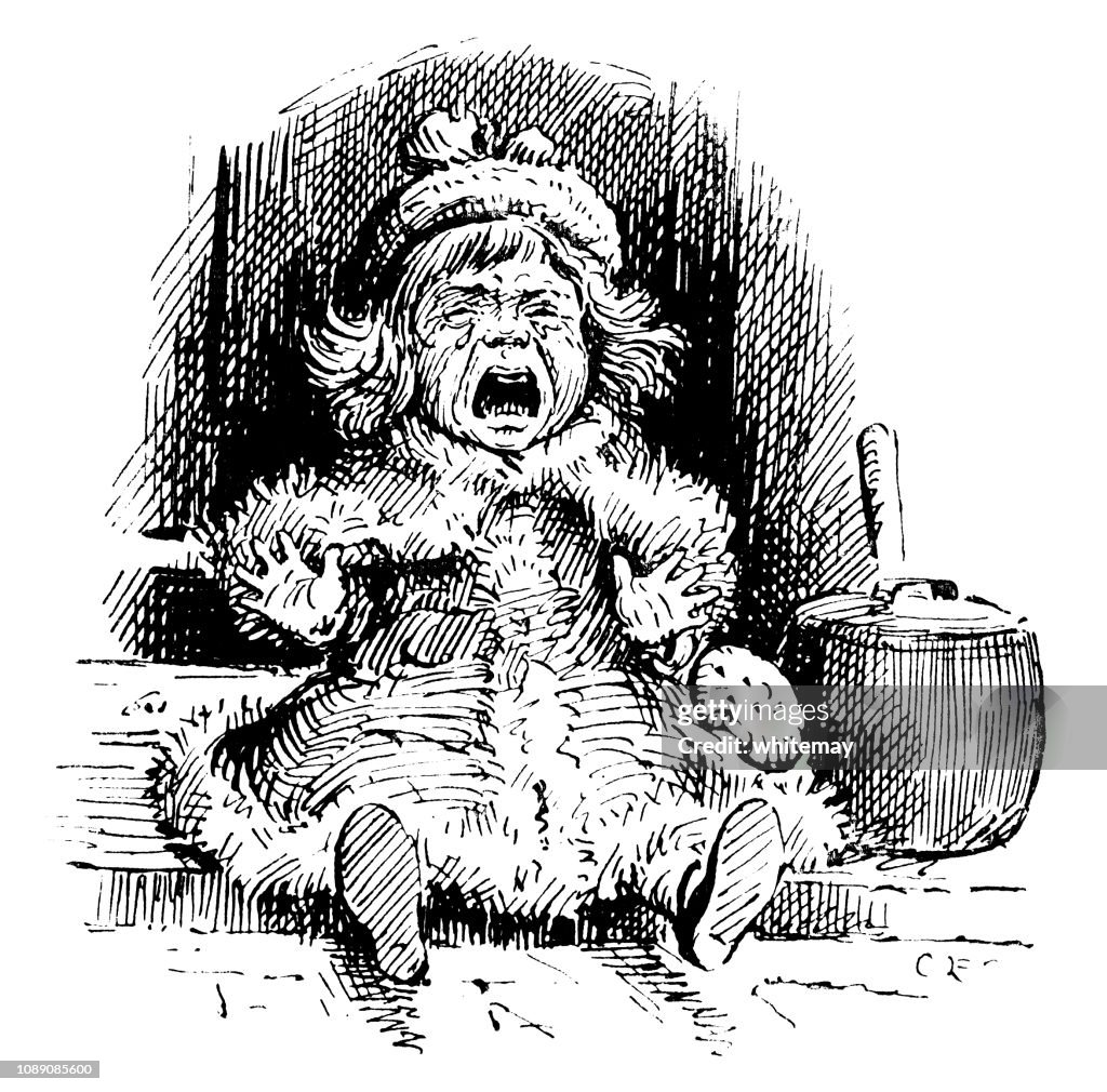 Wailing Victorian child on a doorstep
