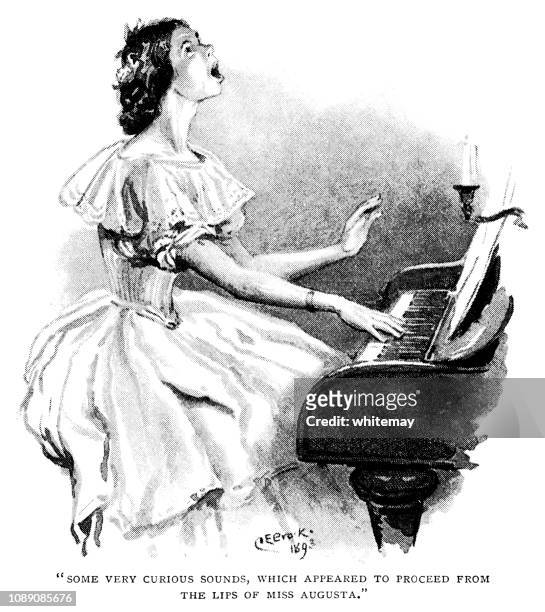 viktorianische junge dame mit dem klavierspiel und gesang - mittelstand stock-grafiken, -clipart, -cartoons und -symbole